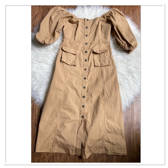 Ganni Dresses & Skirts - Ganni Ripstop Cotton Chino Puff Sleeve Midi Dress A Line Silhouette Tan Size L